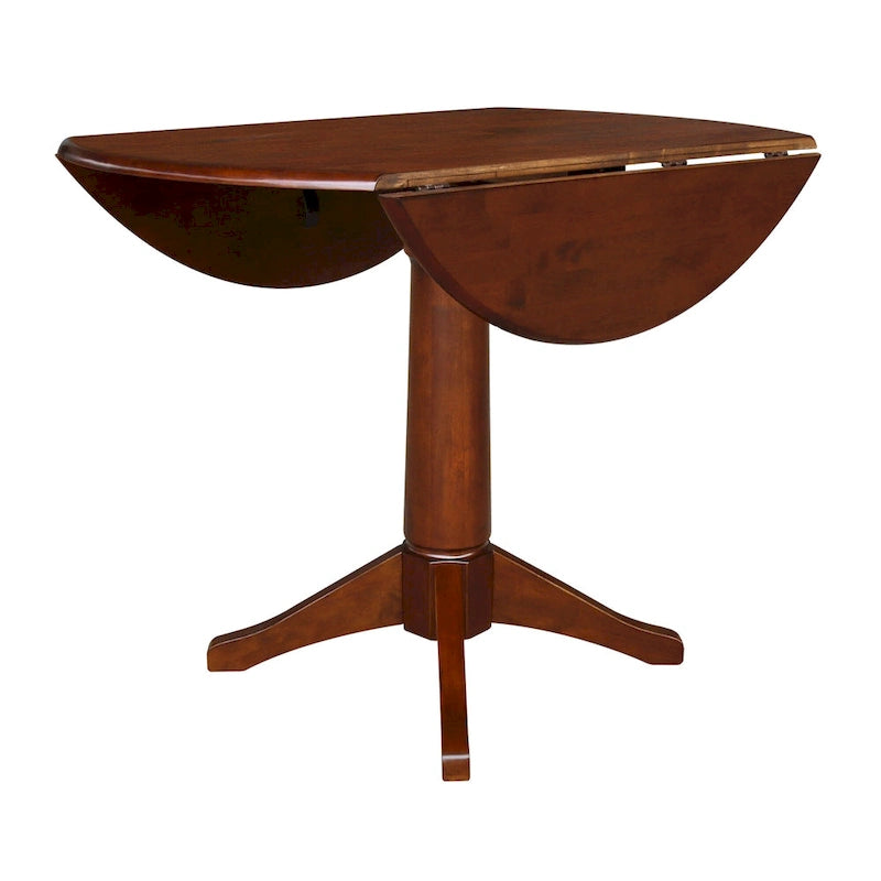 Table à manger ronde à deux rallonges sur pied en bois massif couleur expresso