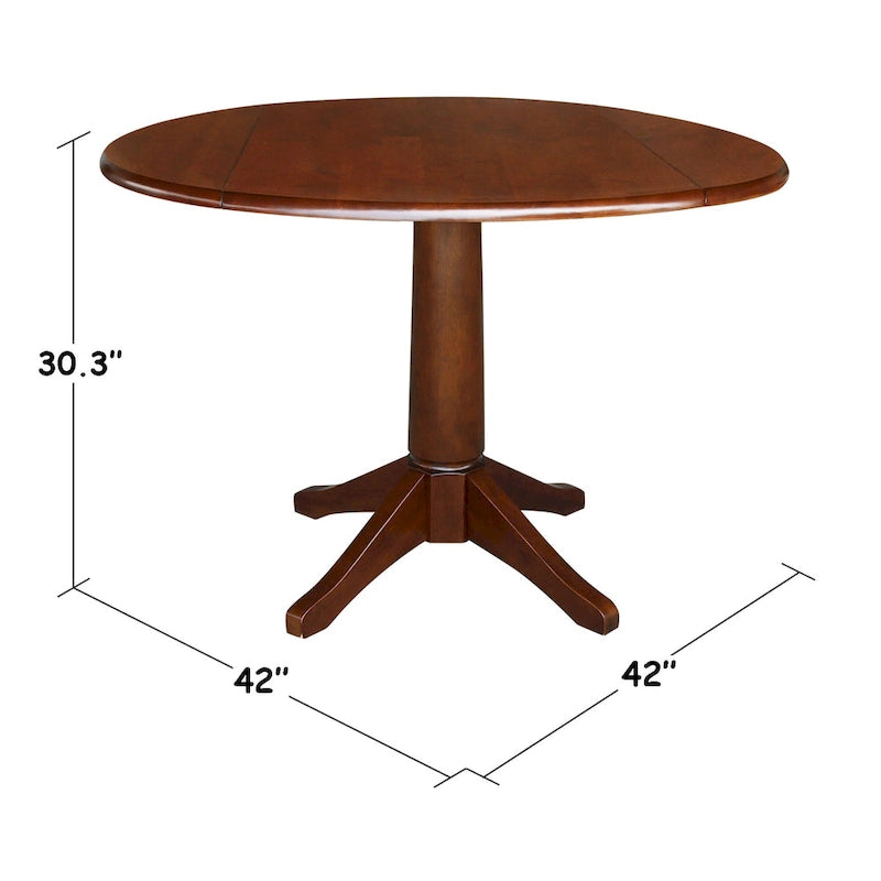 Table à manger ronde à deux rallonges sur pied en bois massif couleur expresso
