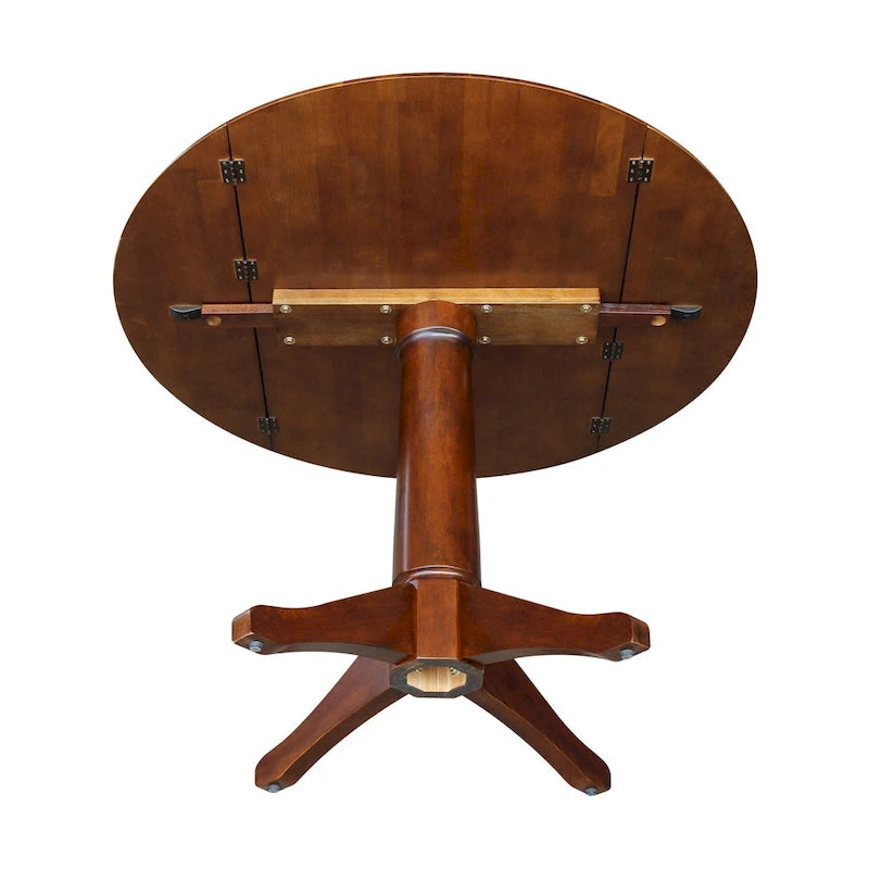 Table à manger ronde à deux rallonges sur pied en bois massif couleur expresso