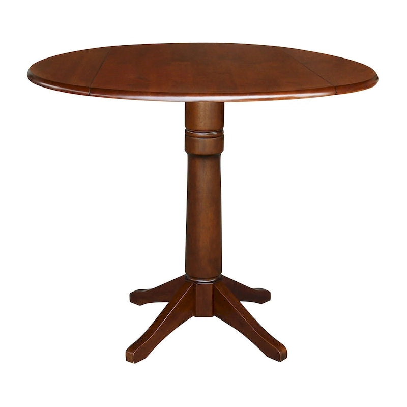 Table à manger ronde à deux rallonges sur pied en bois massif couleur expresso