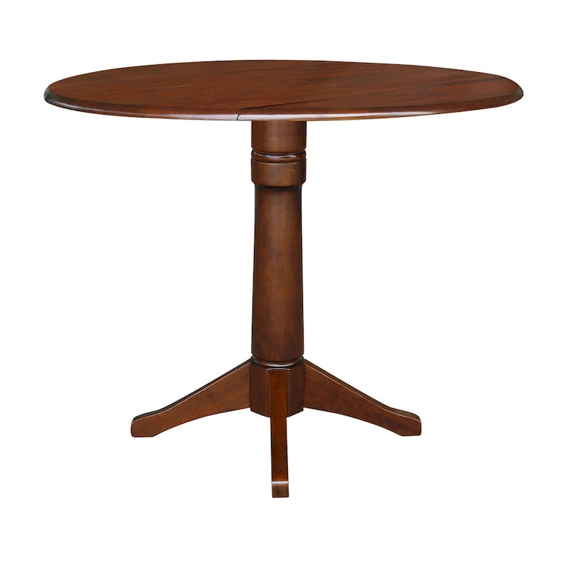 Table à manger ronde à deux rallonges sur pied en bois massif couleur expresso