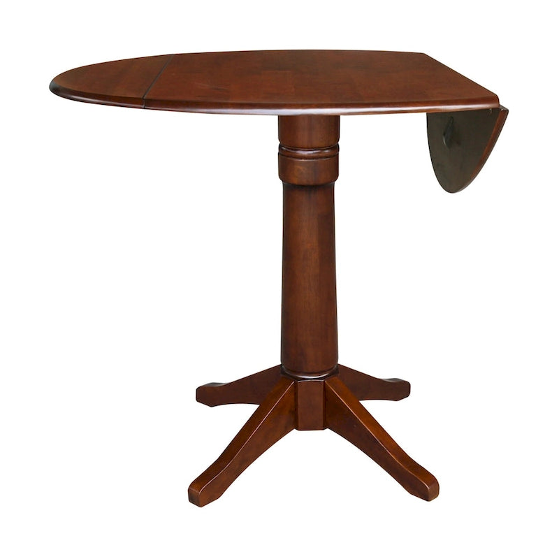 Table à manger ronde à deux rallonges sur pied en bois massif couleur expresso