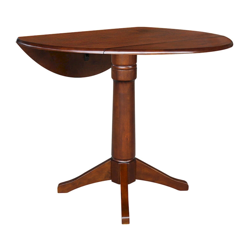 Table à manger ronde à deux rallonges sur pied en bois massif couleur expresso
