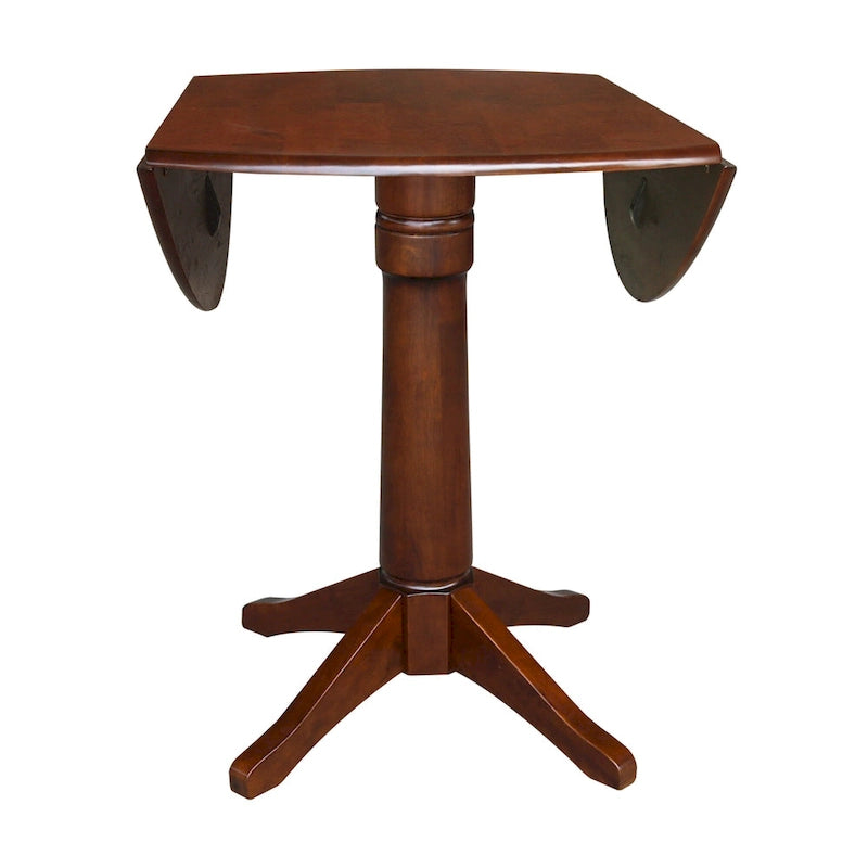 Table à manger ronde à deux rallonges sur pied en bois massif couleur expresso