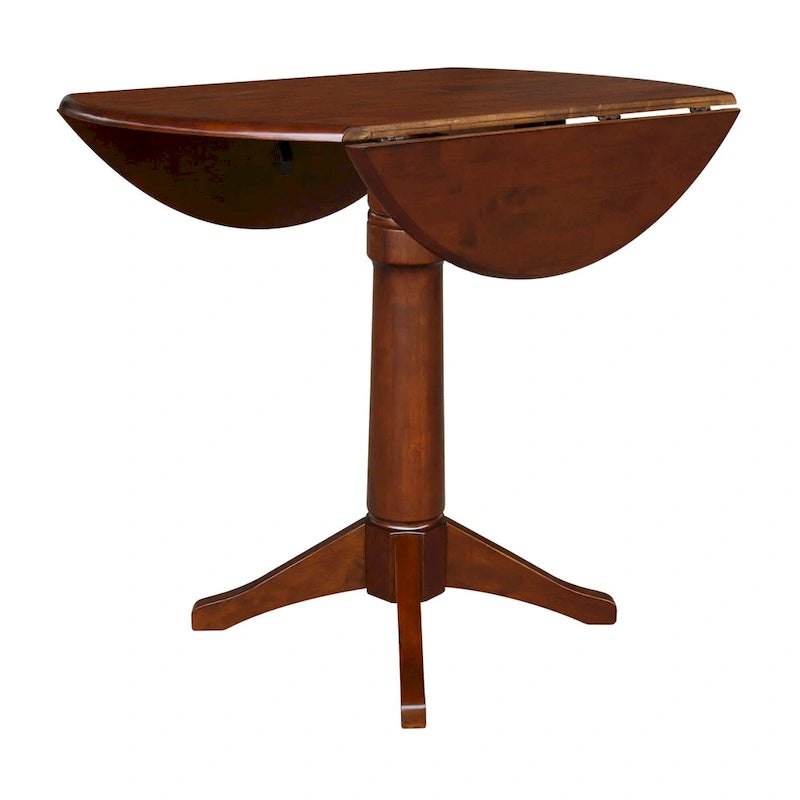 Table à manger ronde à deux rallonges sur pied en bois massif couleur expresso