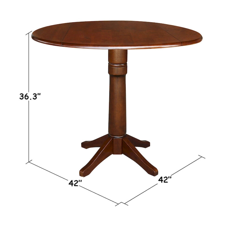 Table à manger ronde à deux rallonges sur pied en bois massif couleur expresso