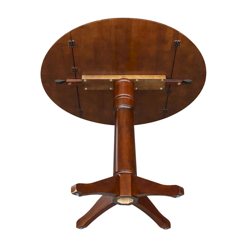 Table à manger ronde à deux rallonges sur pied en bois massif couleur expresso