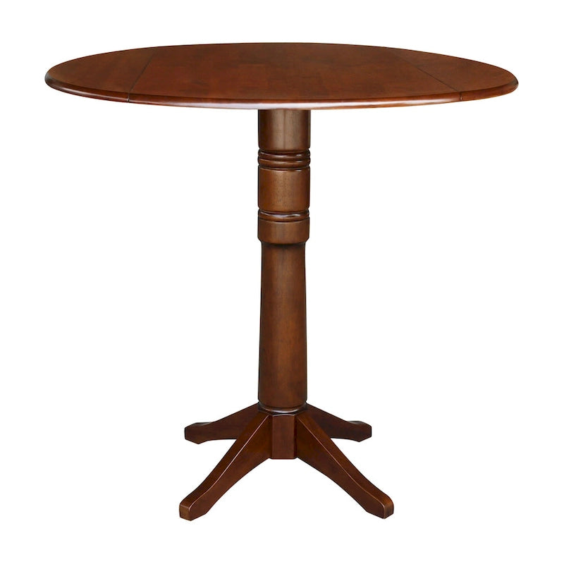 Table à manger ronde à deux rallonges sur pied en bois massif couleur expresso