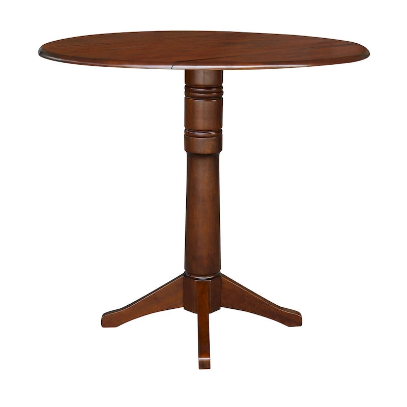 Table à manger ronde à deux rallonges sur pied en bois massif couleur expresso