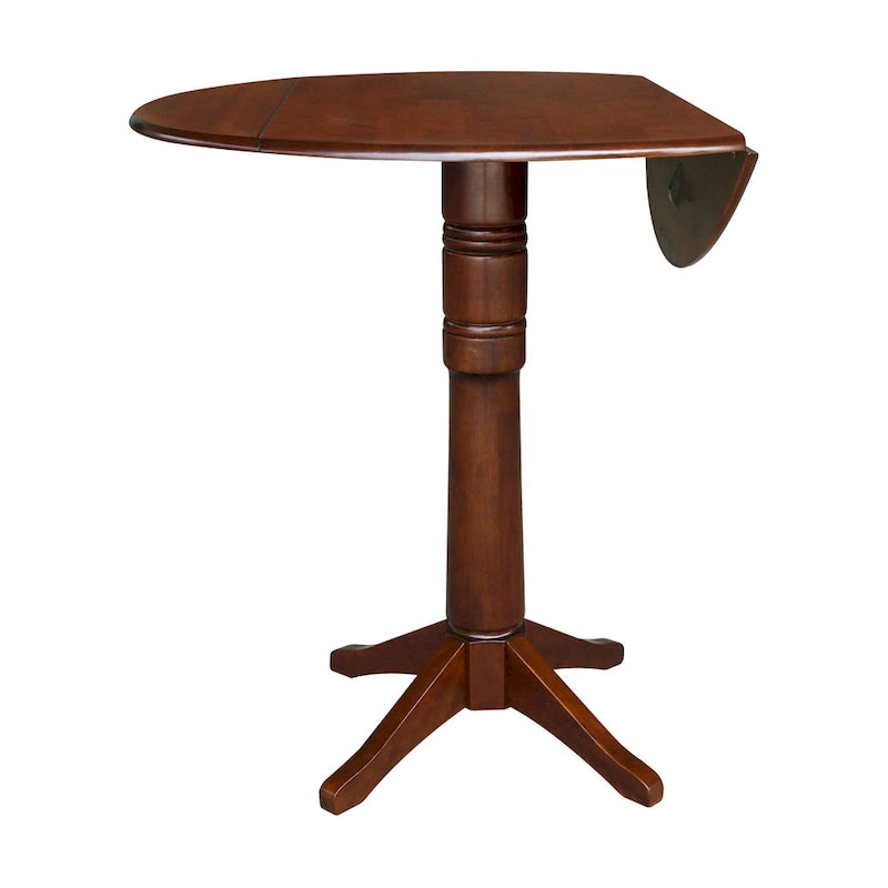 Table à manger ronde à deux rallonges sur pied en bois massif couleur expresso