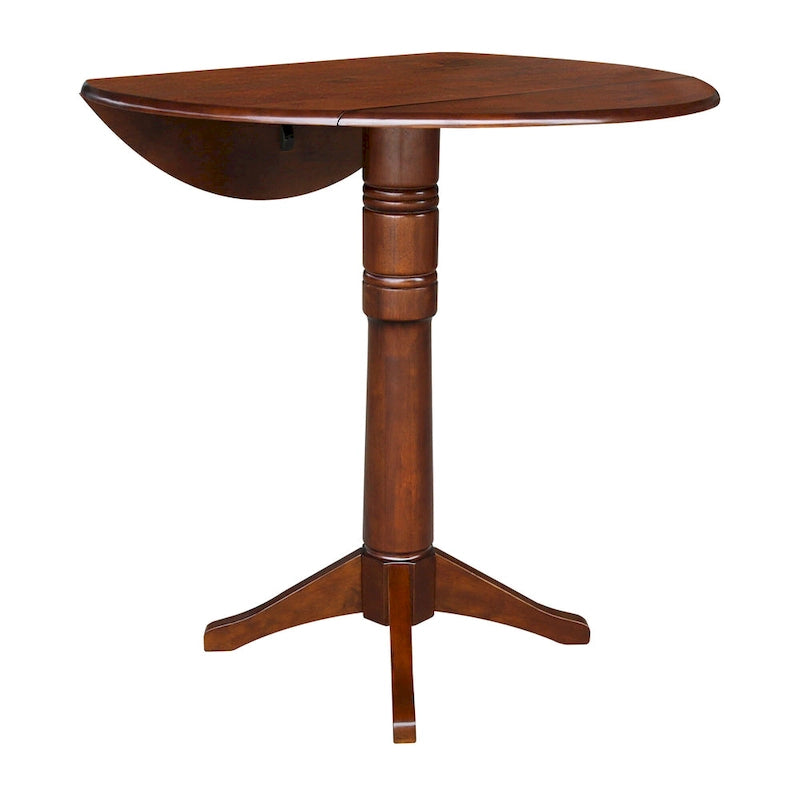 Table à manger ronde à deux rallonges sur pied en bois massif couleur expresso