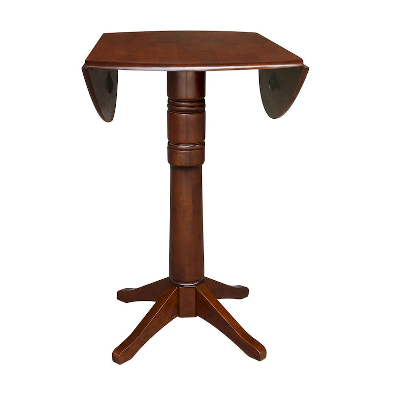Table à manger ronde à deux rallonges sur pied en bois massif couleur expresso