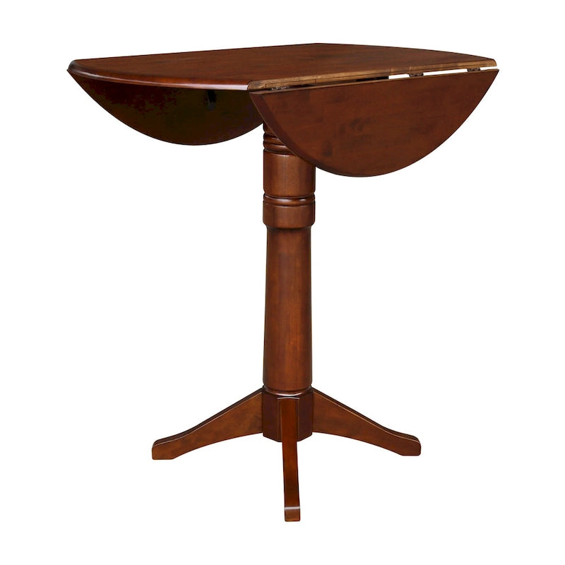 Table à manger ronde à deux rallonges sur pied en bois massif couleur expresso
