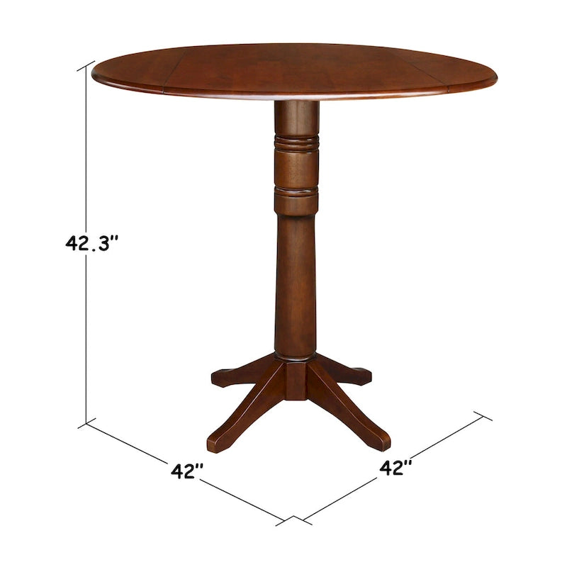 Table à manger ronde à deux rallonges sur pied en bois massif couleur expresso