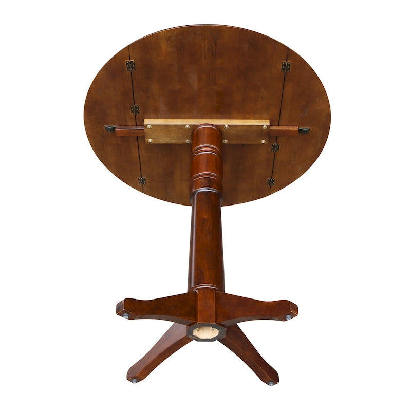 Table à manger ronde à deux rallonges sur pied en bois massif couleur expresso