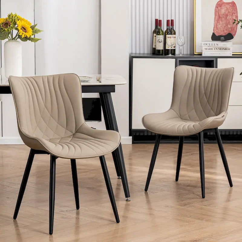 Chaise de salle à manger sans accoudoirs en cuir rembourré avec pieds en métal, style moderne du milieu du siècle
