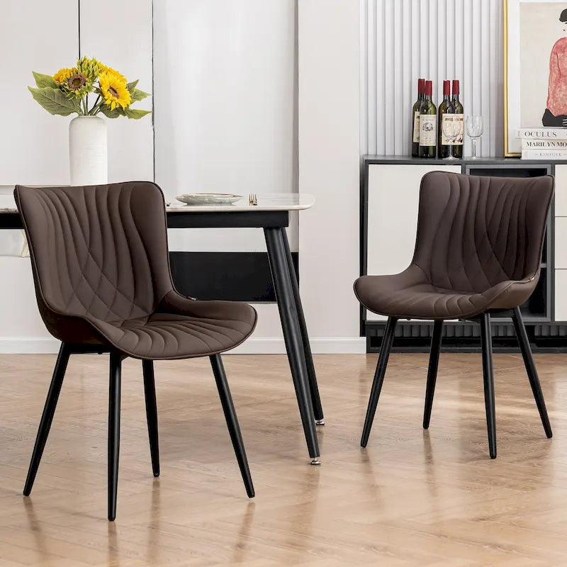 Chaise de salle à manger sans accoudoirs en cuir rembourré avec pieds en métal, style moderne du milieu du siècle