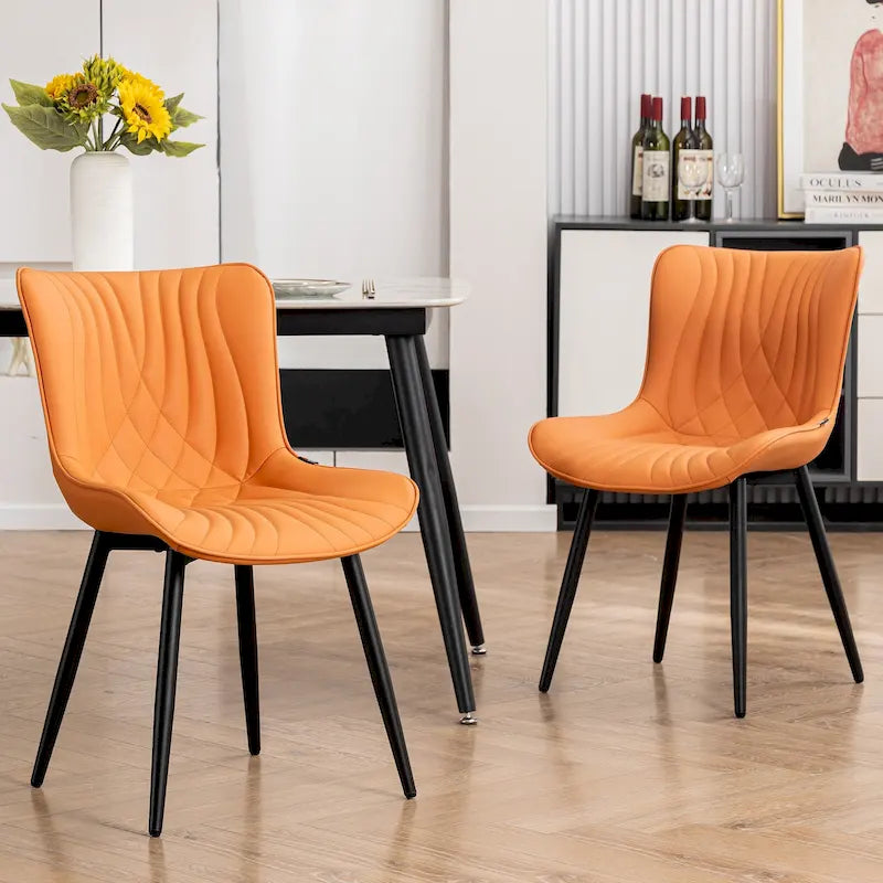 Chaise de salle à manger sans accoudoirs en cuir rembourré avec pieds en métal, style moderne du milieu du siècle