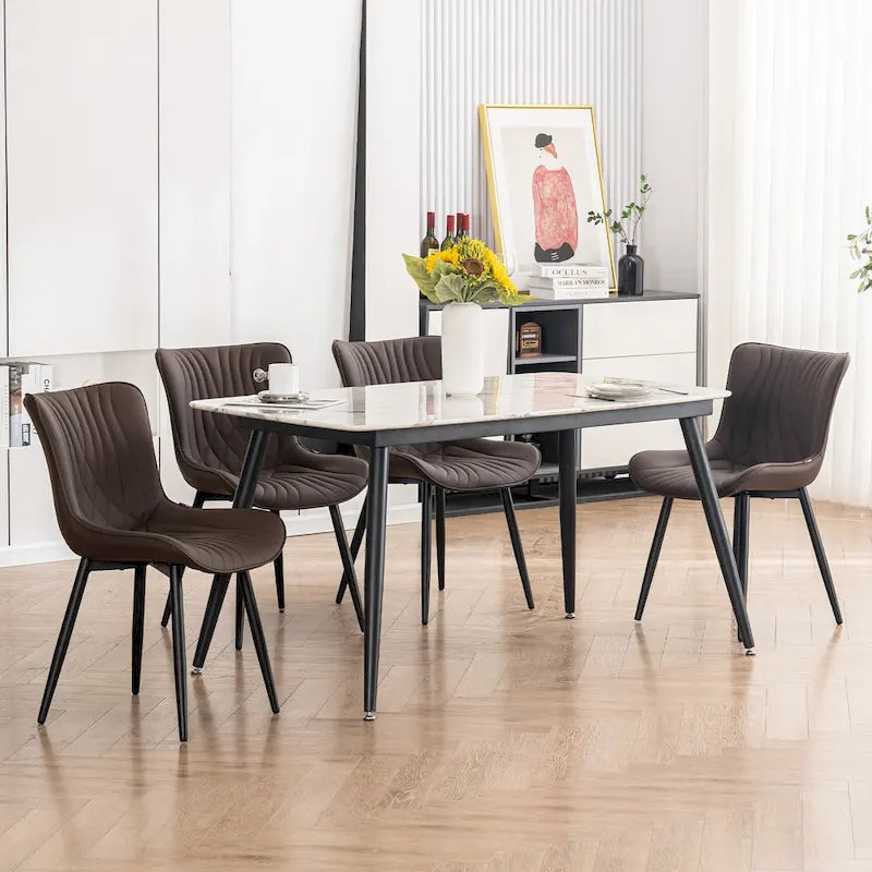 Chaise de salle à manger sans accoudoirs en cuir rembourré avec pieds en métal, style moderne du milieu du siècle