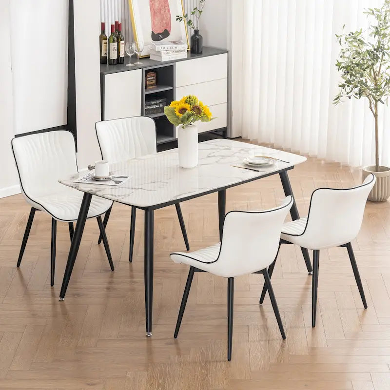 Chaise de salle à manger sans accoudoirs en cuir rembourré avec pieds en métal, style moderne du milieu du siècle