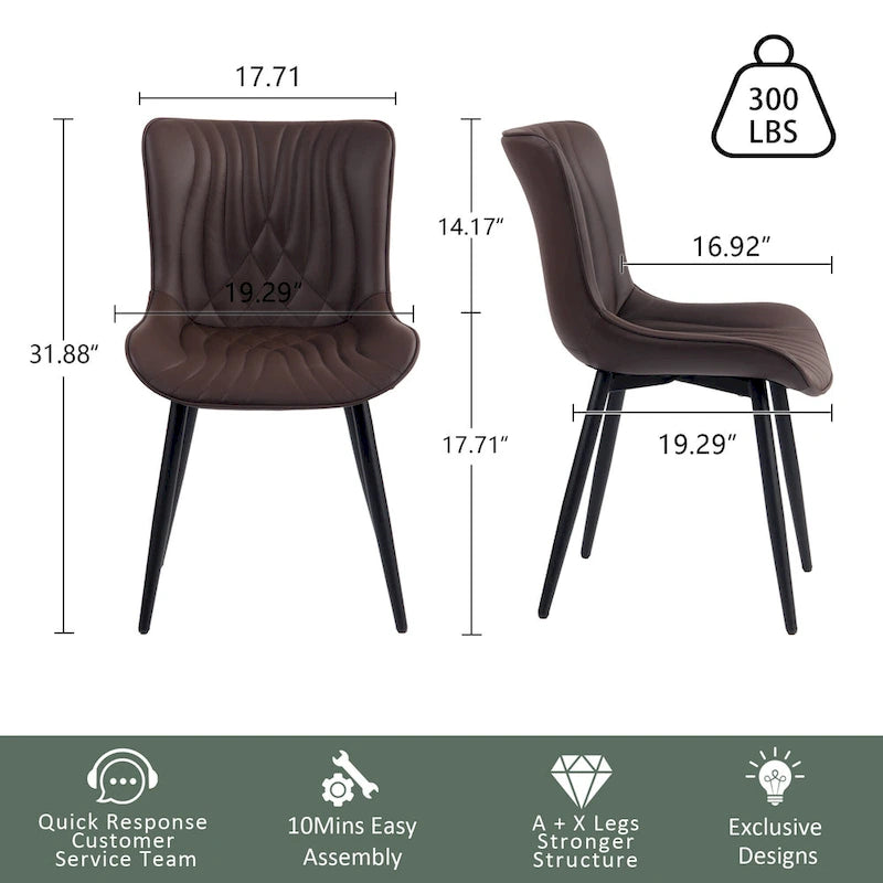 Chaise de salle à manger sans accoudoirs en cuir rembourré avec pieds en métal, style moderne du milieu du siècle