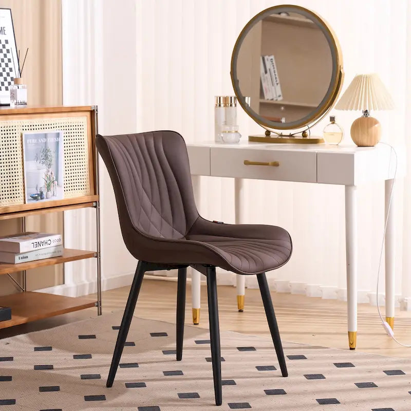 Chaise de salle à manger sans accoudoirs en cuir rembourré avec pieds en métal, style moderne du milieu du siècle