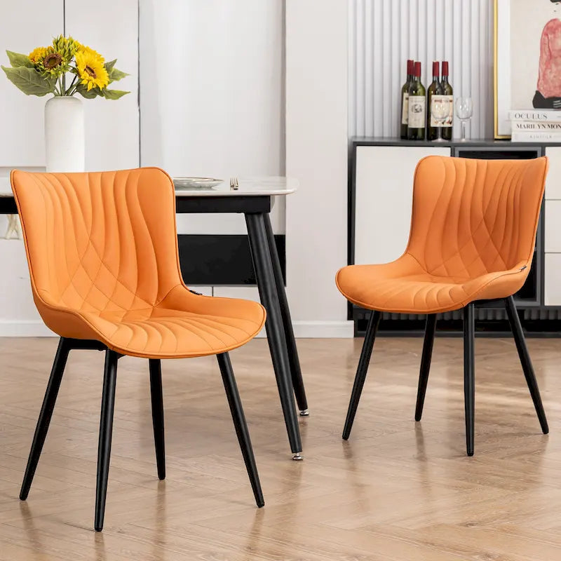 Chaise de salle à manger sans accoudoirs en cuir rembourré avec pieds en métal, style moderne du milieu du siècle
