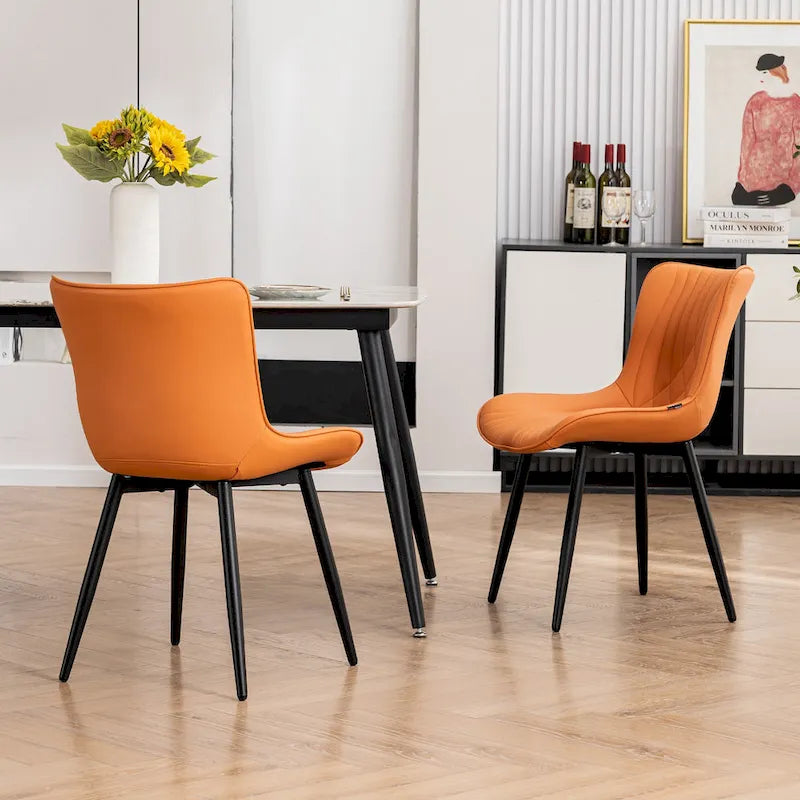 Chaise de salle à manger sans accoudoirs en cuir rembourré avec pieds en métal, style moderne du milieu du siècle