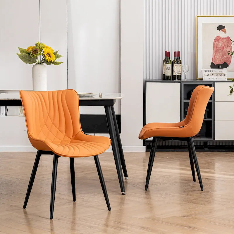 Chaise de salle à manger sans accoudoirs en cuir rembourré avec pieds en métal, style moderne du milieu du siècle