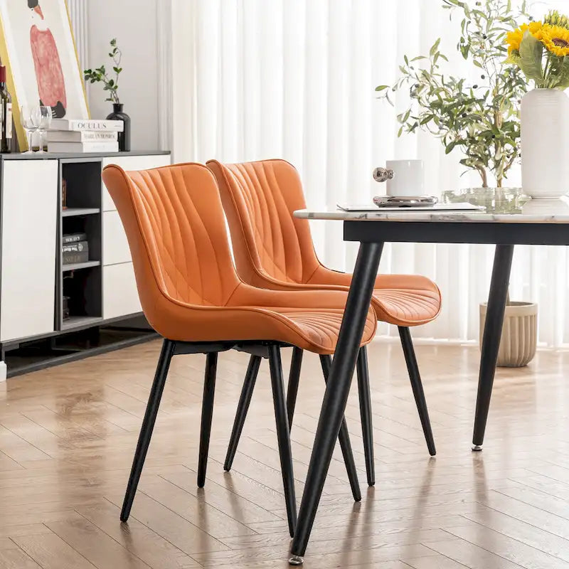 Chaise de salle à manger sans accoudoirs en cuir rembourré avec pieds en métal, style moderne du milieu du siècle