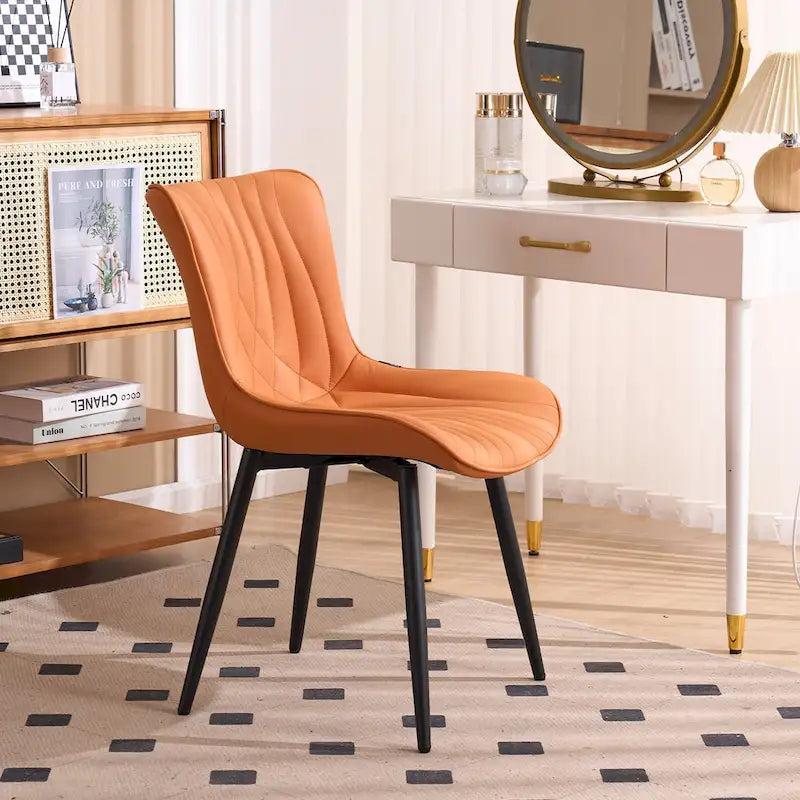 Chaise de salle à manger sans accoudoirs en cuir rembourré avec pieds en métal, style moderne du milieu du siècle