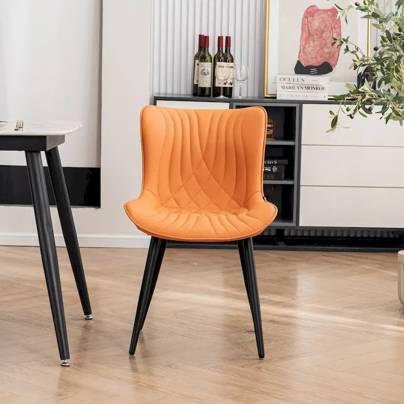 Chaise de salle à manger sans accoudoirs en cuir rembourré avec pieds en métal, style moderne du milieu du siècle