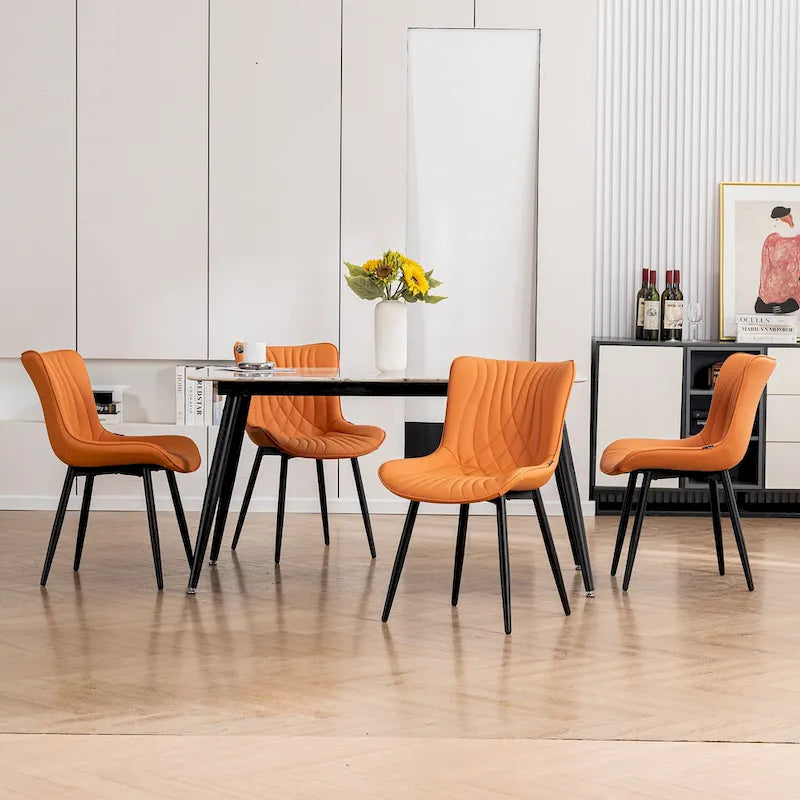 Chaise de salle à manger sans accoudoirs en cuir rembourré avec pieds en métal, style moderne du milieu du siècle