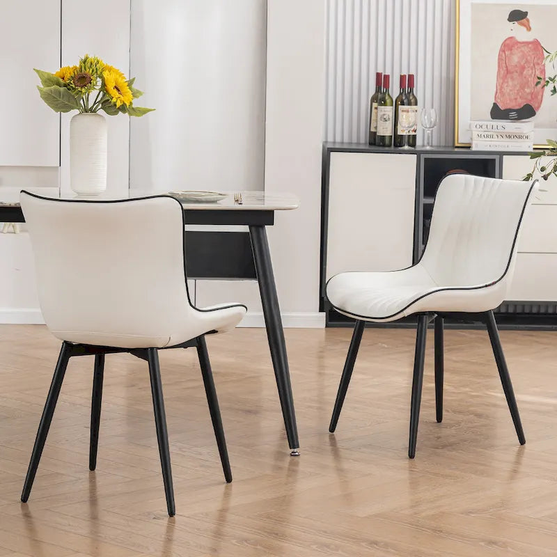 Chaise de salle à manger sans accoudoirs en cuir rembourré avec pieds en métal, style moderne du milieu du siècle