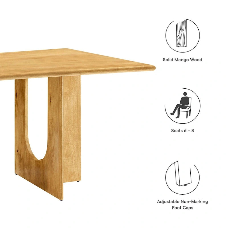 Table à manger rectangulaire en bois de manguier massif avec piédestal à double arche