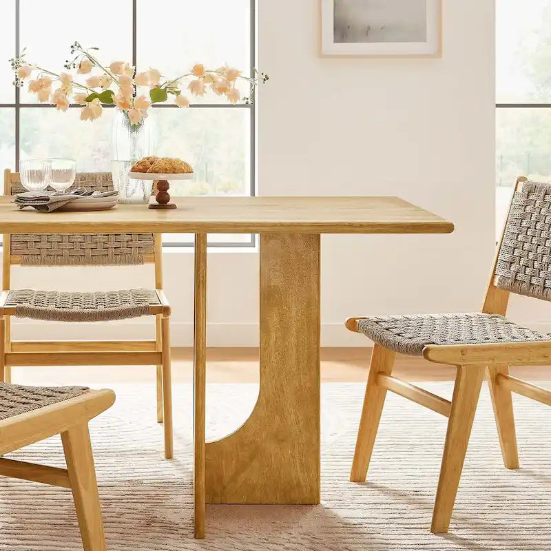Table à manger rectangulaire en bois de manguier massif avec piédestal à double arche