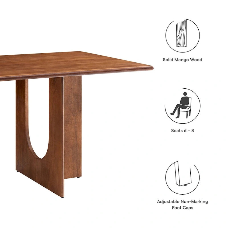 Table à manger rectangulaire en bois de manguier massif avec piédestal à double arche