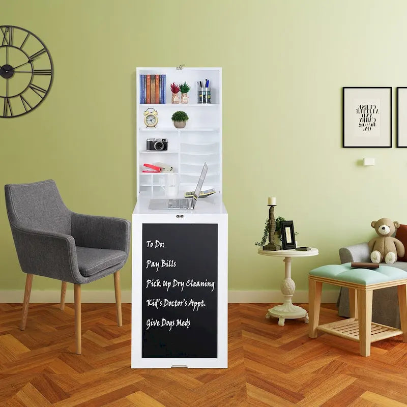 Bureau mural rabattable avec porte tableau noir et armoire de rangement Blanc