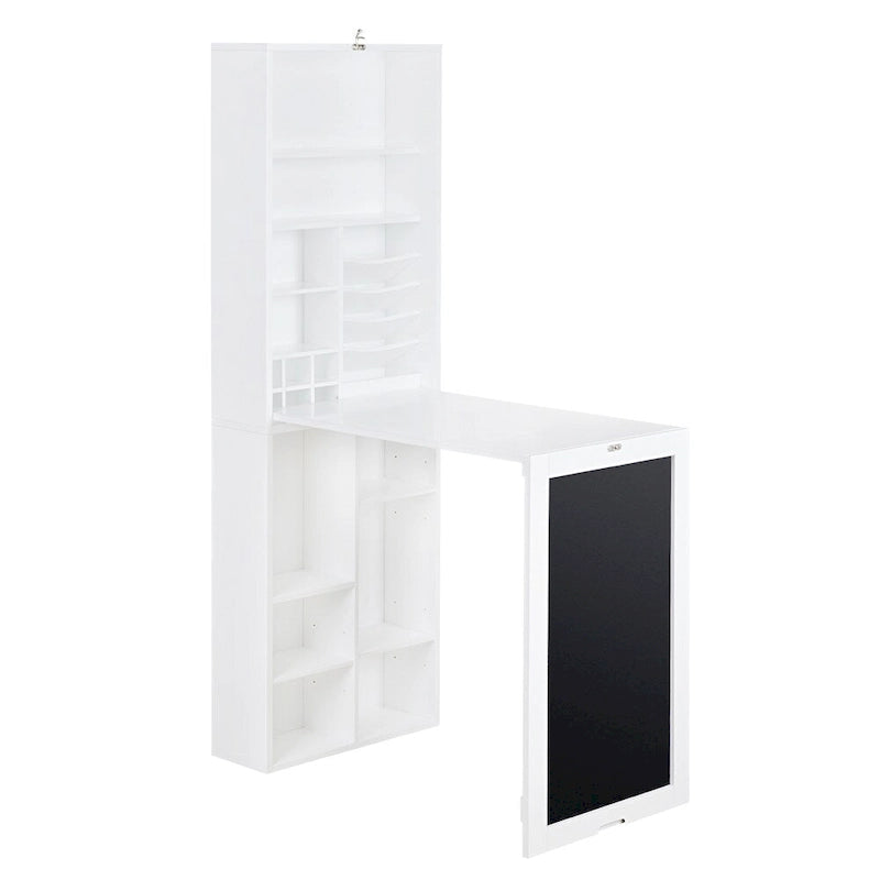 Bureau mural rabattable avec porte tableau noir et armoire de rangement Blanc