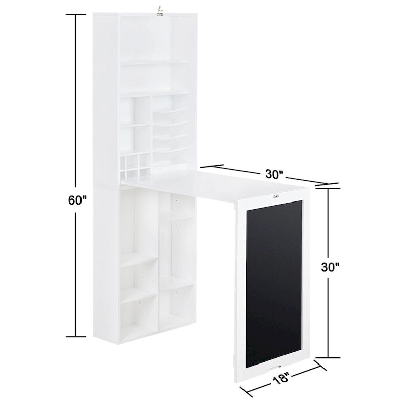 Bureau mural rabattable avec porte tableau noir et armoire de rangement Blanc