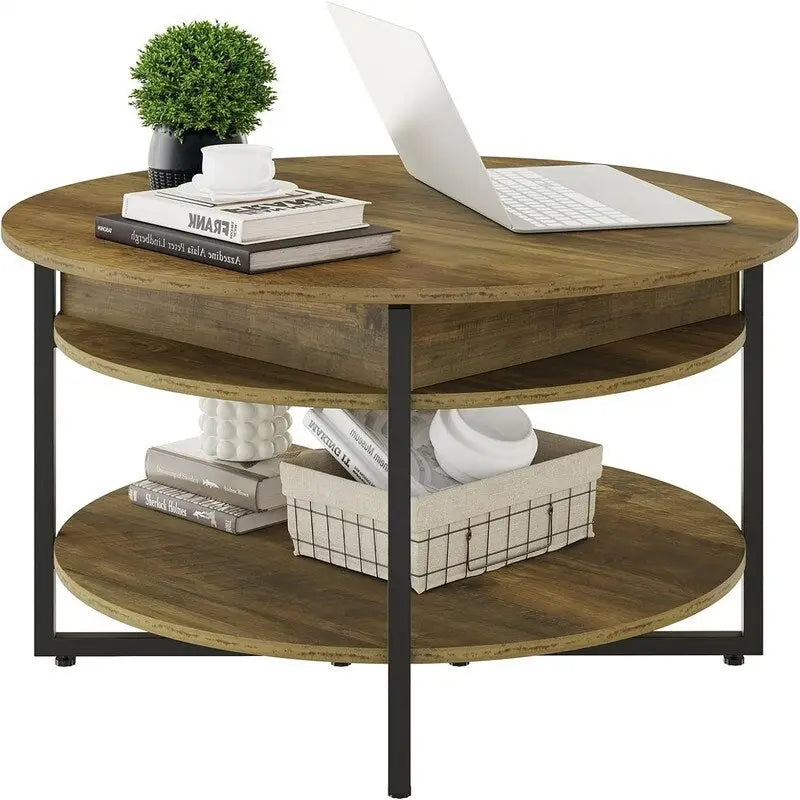 Table basse ronde relevable avec étagères de rangement, plateau en MDF marron