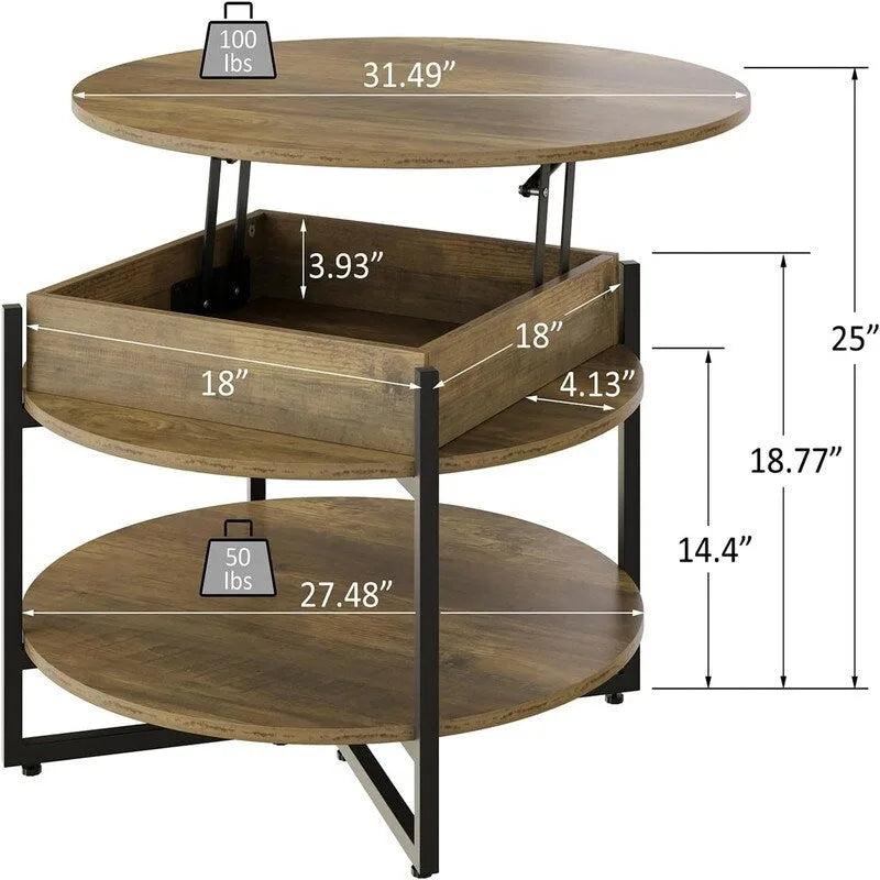 Table basse ronde relevable avec étagères de rangement, plateau en MDF marron