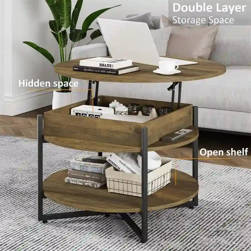 Table basse ronde relevable avec étagères de rangement, plateau en MDF marron