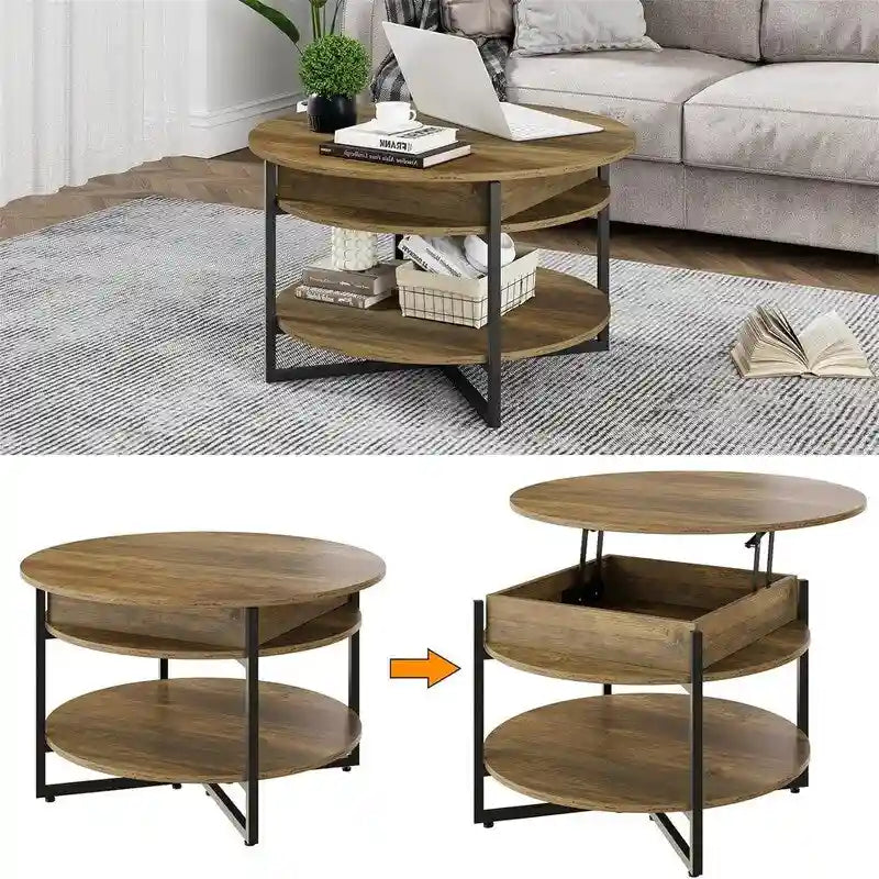 Table basse ronde relevable avec étagères de rangement, plateau en MDF marron