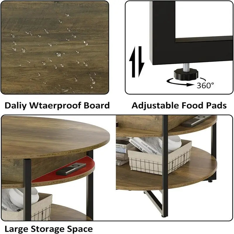 Table basse ronde relevable avec étagères de rangement, plateau en MDF marron