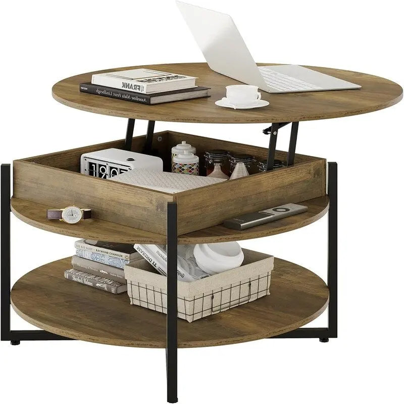 Table basse ronde relevable avec étagères de rangement, plateau en MDF marron