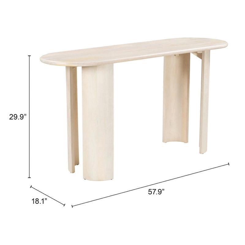 Console en bois d'acacia blanchi avec pieds cylindriques, finition naturelle
