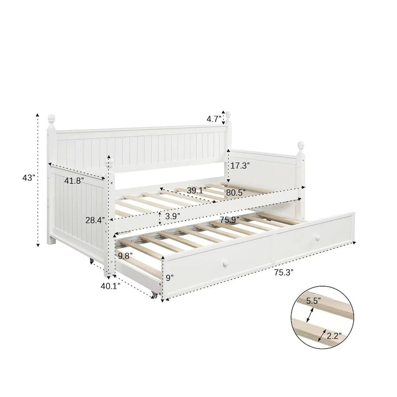 Lit de repos simple en bois blanc avec panneaux à lattes et embouts tournés