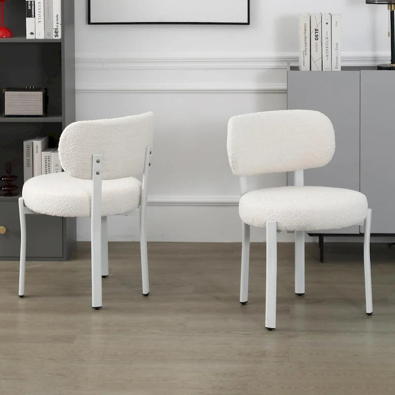 Chaise de salle à manger en bouclette rembourrée, dossier ouvert, pieds en métal blanc, noir