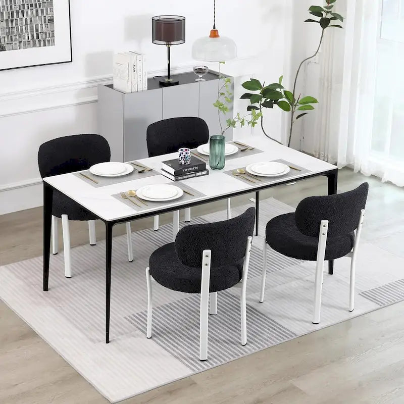 Chaise de salle à manger en bouclette rembourrée, dossier ouvert, pieds en métal blanc, noir